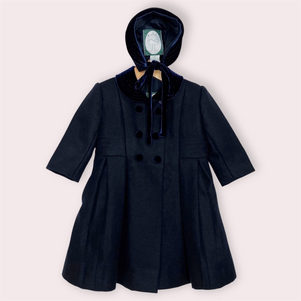Isabel Garreton Girls Wool Coat and Bonnet Set Navy Blue Velvet Collar 18 Months